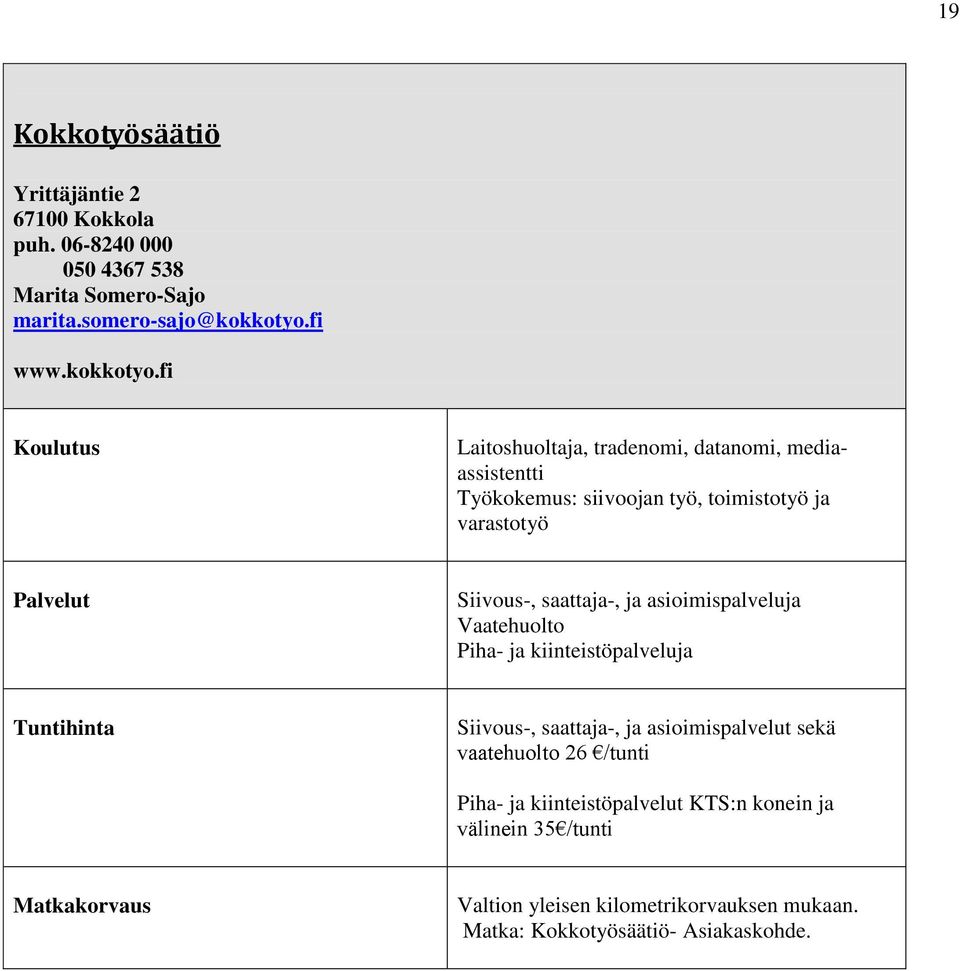 fi Laitoshuoltaja, tradenomi, datanomi, mediaassistentti Työkokemus: siivoojan työ, toimistotyö ja varastotyö Siivous-, saattaja-, ja