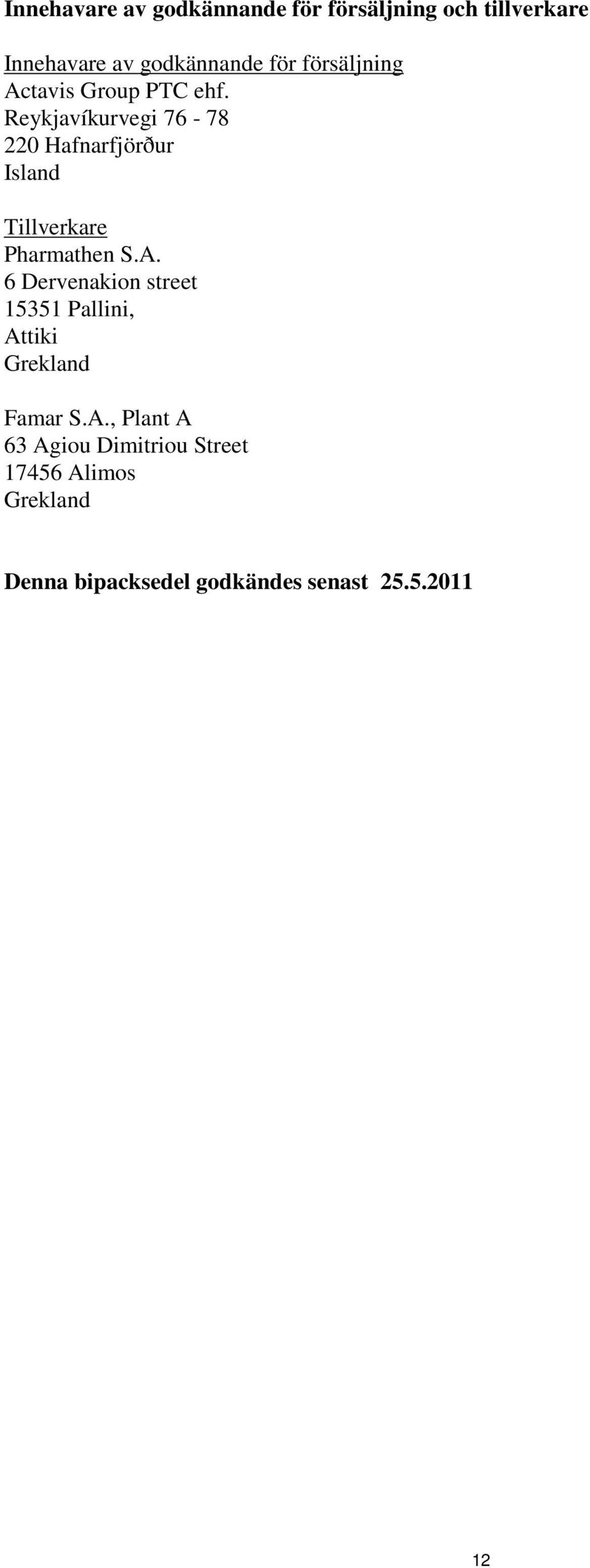 Reykjavíkurvegi 76-78 220 Hafnarfjörður Island Tillverkare Pharmathen S.A.
