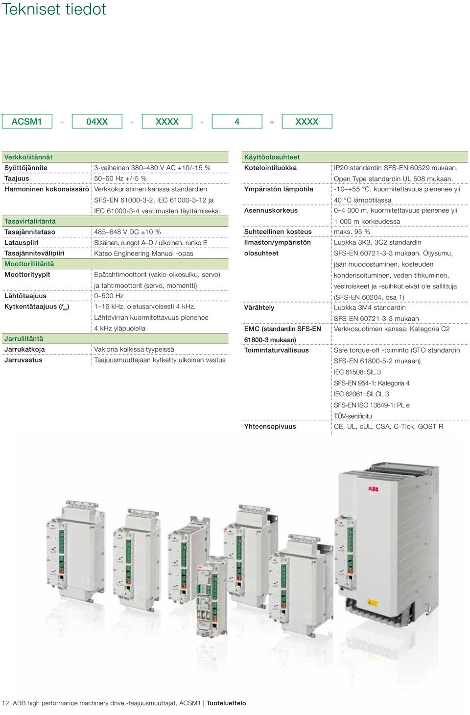 Tasavirtaliitäntä Tasajännitetaso 485 648 V DC ±10 % Latauspiiri Sisäinen, rungot A D / ulkoinen, runko E Tasajännitevälipiiri Katso Engineering Manual -opas Moottoriliitäntä Moottorityypit