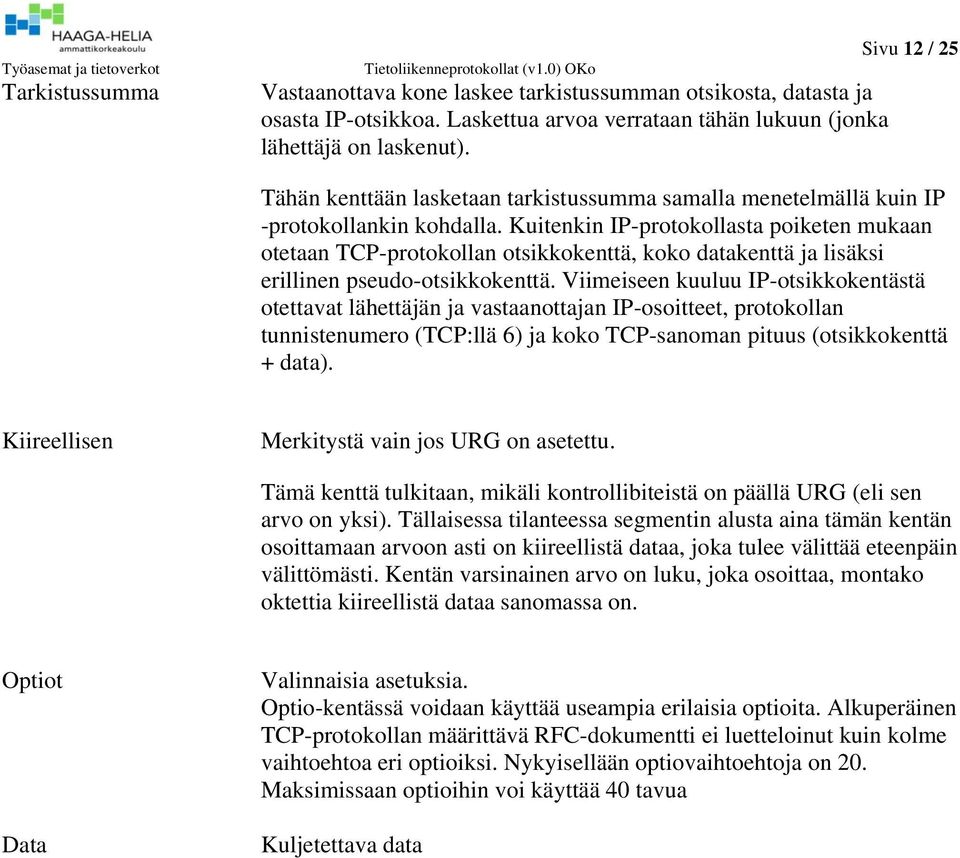 Kuitenkin IP-protokollasta poiketen mukaan otetaan TCP-protokollan otsikkokenttä, koko datakenttä ja lisäksi erillinen pseudo-otsikkokenttä.