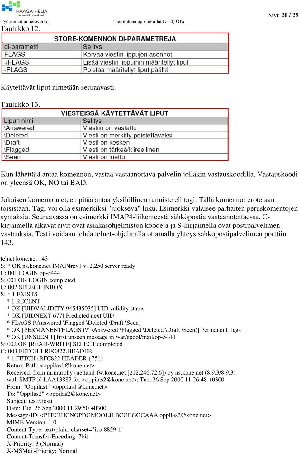 Esimerkki valaisee parhaiten peruskomentojen syntaksia. Seuraavassa on esimerkki IMAP4-liikenteestä sähköpostia vastaanotettaessa.