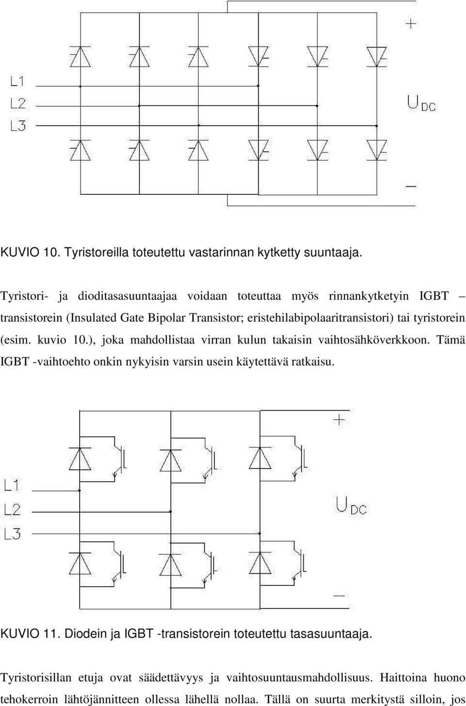 tai tyristorein (esim. kuvio 10.), joka mahdollistaa virran kulun takaisin vaihtosähköverkkoon.