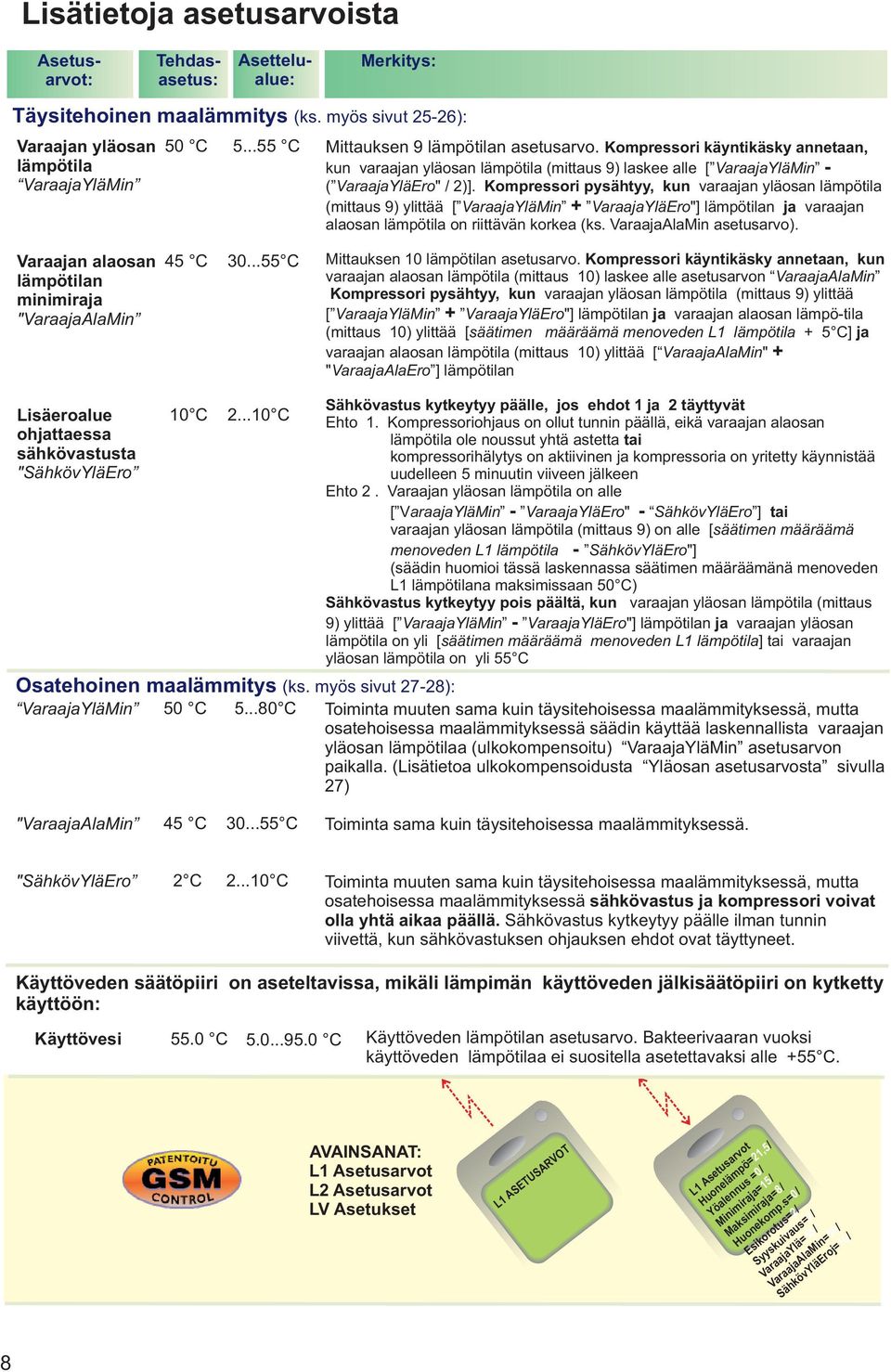 Kompressori pysähtyy, kun varaajan yläosan lämpötila (mittaus 9) ylittää [ VaraajaYläMin + VaraajaYläEro"] lämpötilan ja varaajan alaosan lämpötila on riittävän korkea (ks. VaraajaAlaMin asetusarvo).