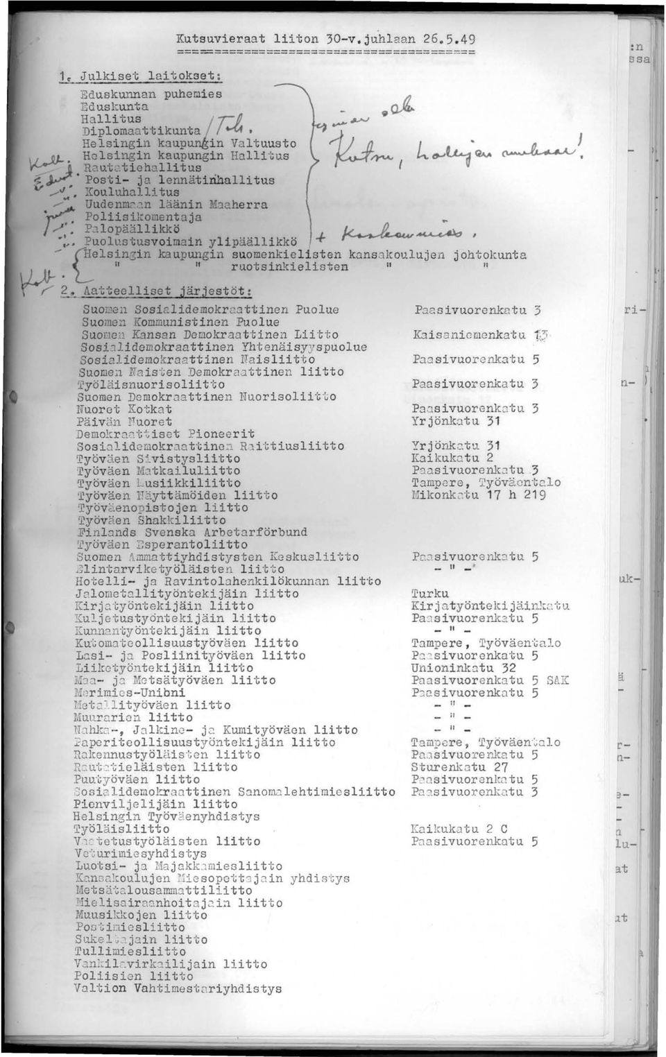 . Helsingin kaupungin Hallitus ~ J RautLtiehallitus t.~. Posti- ja lennätirihalli tus ~~ Kouluhallitus /~ Uudenmcan läänin Maaherra Poli1sikomentaja ~'. P.:llopäällikki:S 1., 0. 0"...\_ r:, I ~~,.