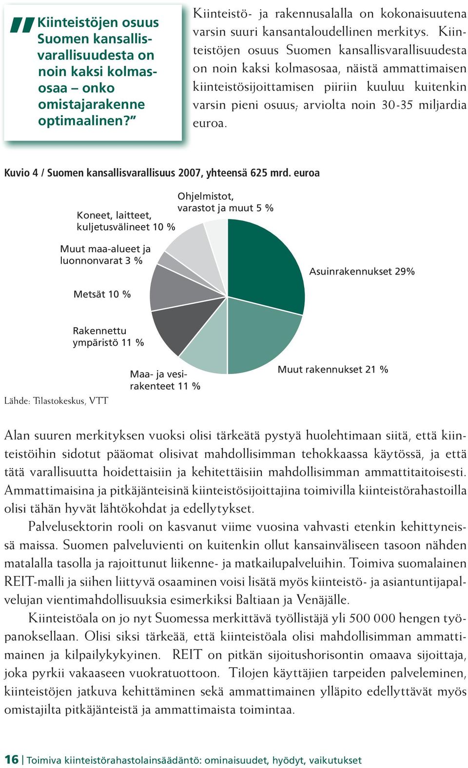 Kiinteistöjen osuus Suomen kansallisvarallisuudesta on noin kaksi kolmasosaa, näistä ammattimaisen kiinteistösijoittamisen piiriin kuuluu kuitenkin varsin pieni osuus; arviolta noin 30-35 miljardia