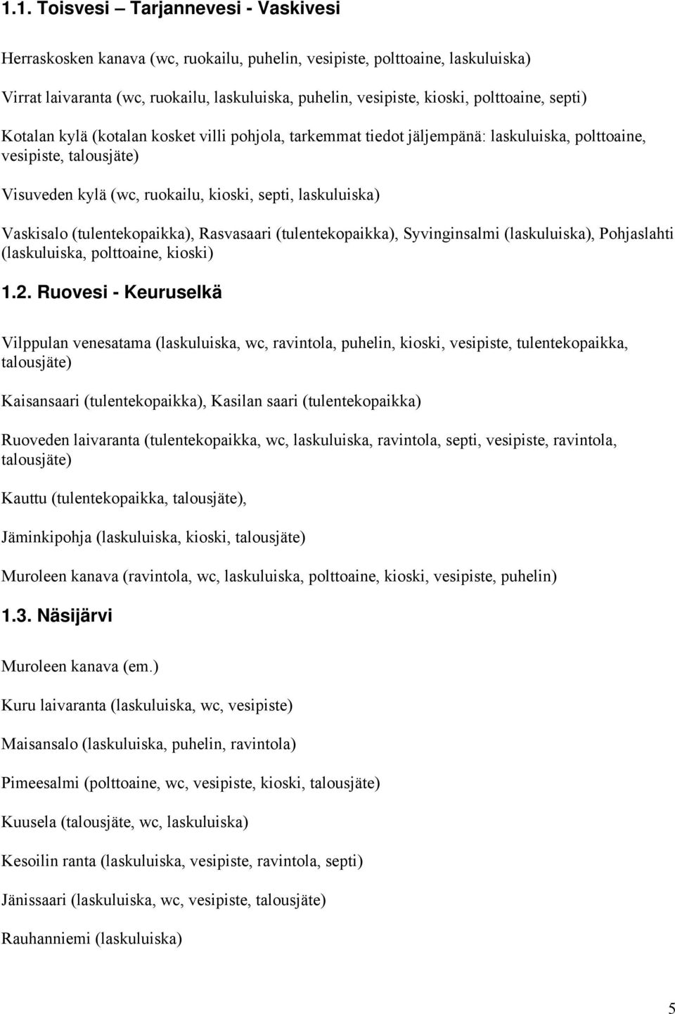 Vaskisalo (tulentekopaikka), Rasvasaari (tulentekopaikka), Syvinginsalmi (laskuluiska), Pohjaslahti (laskuluiska, polttoaine, kioski) 1.2.