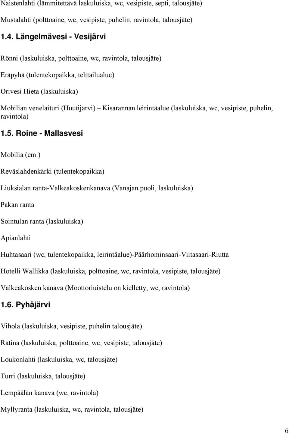 leirintäalue (laskuluiska, wc, vesipiste, puhelin, ravintola) 1.5. Roine - Mallasvesi Mobilia (em.