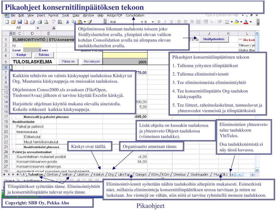 xls avauksen (File/Open, Tiedosto/Avaa) jälkeen ei tarvitse käyttää Excelin käskyjä. Harjoittele ohjelman käyttöä mukana olevalla aineistolla. Kokeile rohkeasti kaikkia käskynappeja.