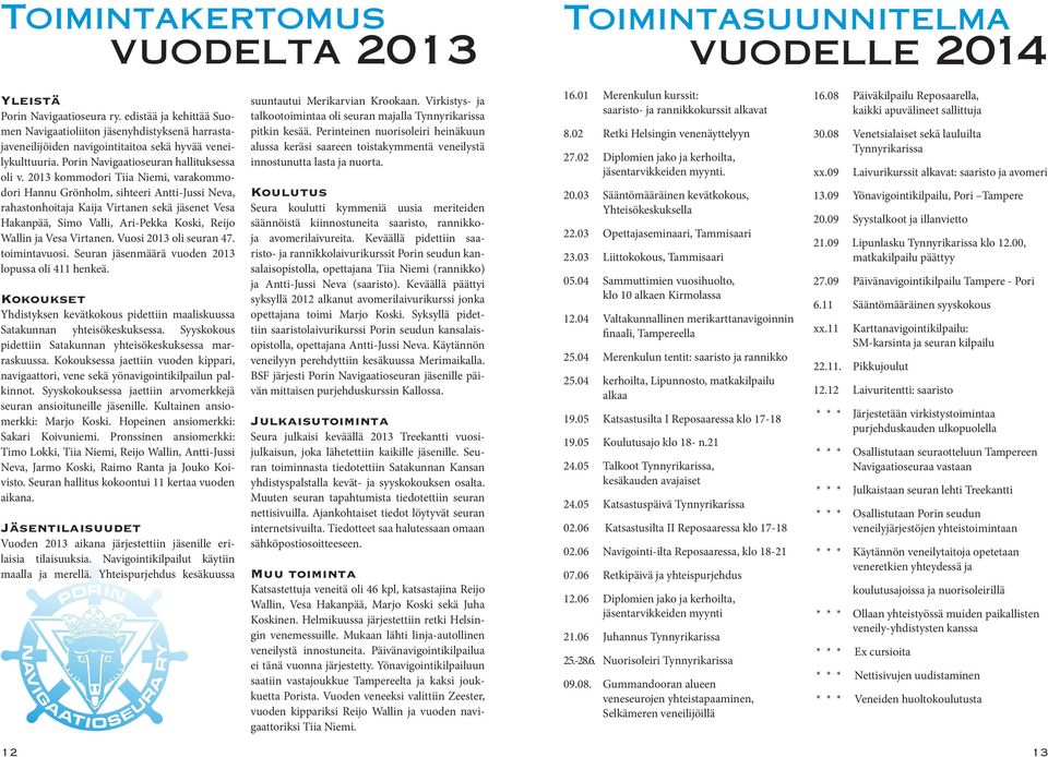 2013 kommodori Tiia Niemi, varakommodori Hannu Grönholm, sihteeri Antti-Jussi Neva, rahastonhoitaja Kaija Virtanen sekä jäsenet Vesa Hakanpää, Simo Valli, Ari-Pekka Koski, Reijo Wallin ja Vesa