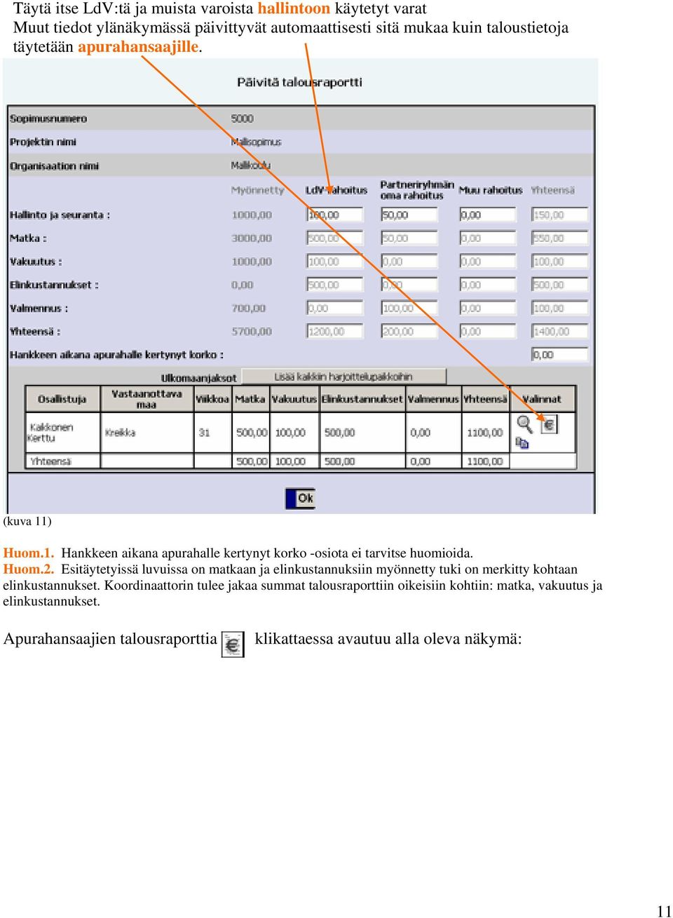 Esitäytetyissä luvuissa on matkaan ja elinkustannuksiin myönnetty tuki on merkitty kohtaan elinkustannukset.