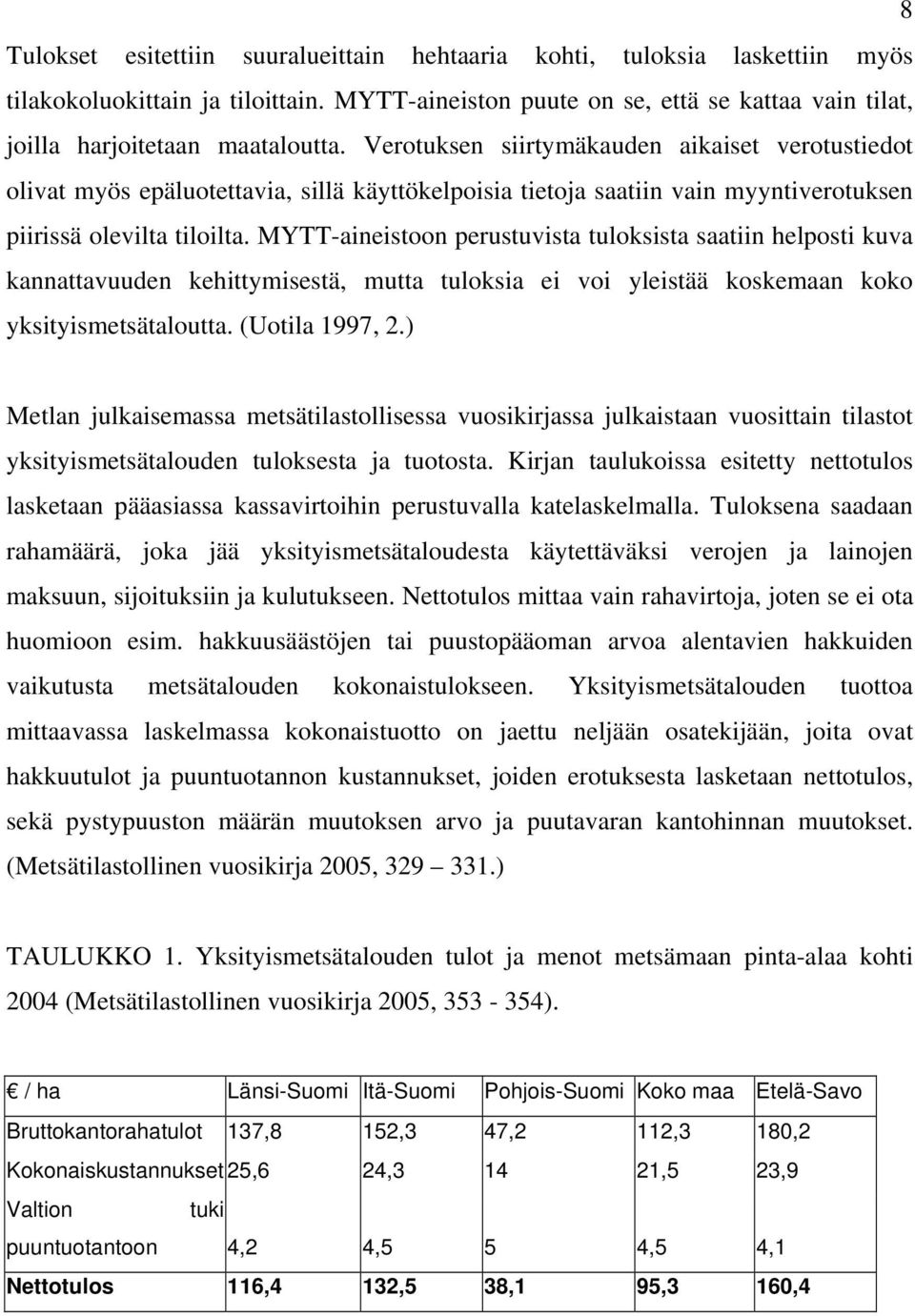 MYTT-aineistoon perustuvista tuloksista saatiin helposti kuva kannattavuuden kehittymisestä, mutta tuloksia ei voi yleistää koskemaan koko yksityismetsätaloutta. (Uotila 1997, 2.