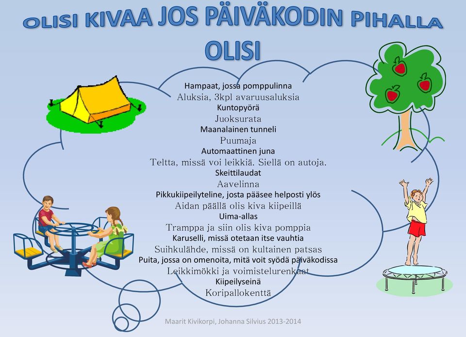 Skeittilaudat Aavelinna Pikkukiipeilyteline, josta pääsee helposti ylös Aidan päällä olis kiva kiipeillä Uima-allas Tramppa ja