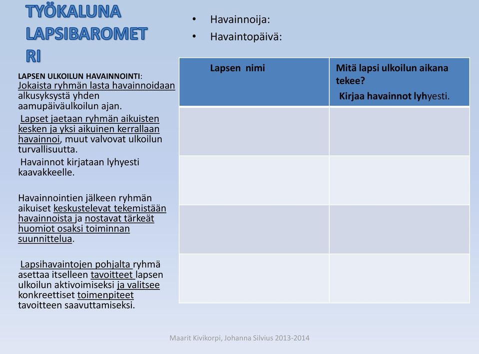 Lapsen nimi Mitä lapsi ulkoilun aikana tekee? Kirjaa havainnot lyhyesti.