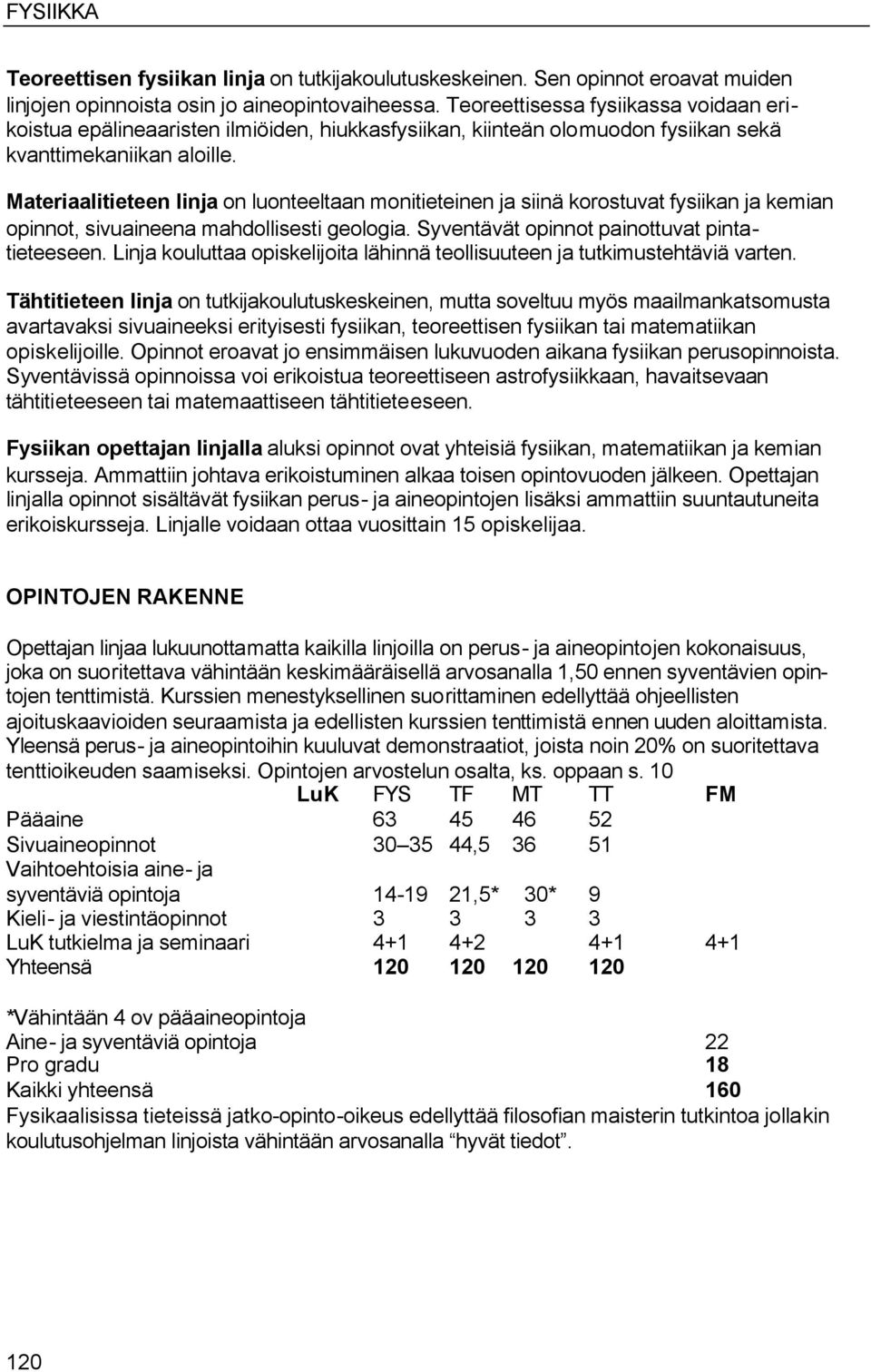 Materiaalitieteen linja on luonteeltaan monitieteinen ja siinä korostuvat fysiikan ja kemian opinnot, sivuaineena mahdollisesti geologia. Syventävät opinnot painottuvat pintatieteeseen.