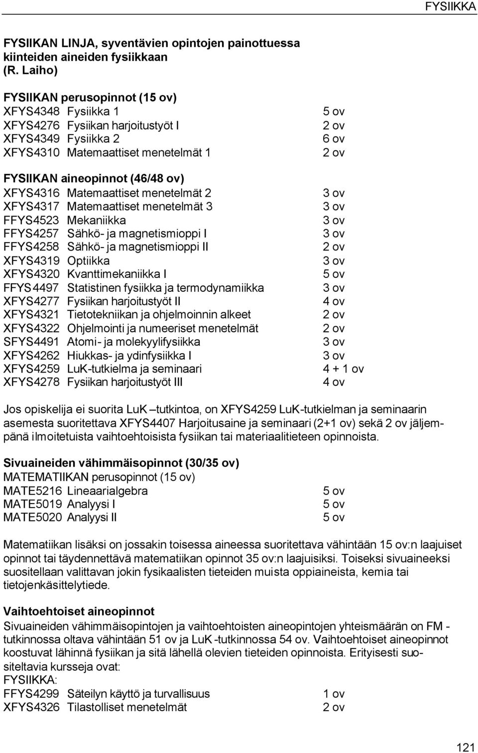 menetelmät 2 XFYS4317 Matemaattiset menetelmät 3 FFYS4523 Mekaniikka FFYS4257 Sähkö- ja magnetismioppi I FFYS4258 Sähkö- ja magnetismioppi II XFYS4319 Optiikka XFYS4320 Kvanttimekaniikka I FFYS4497