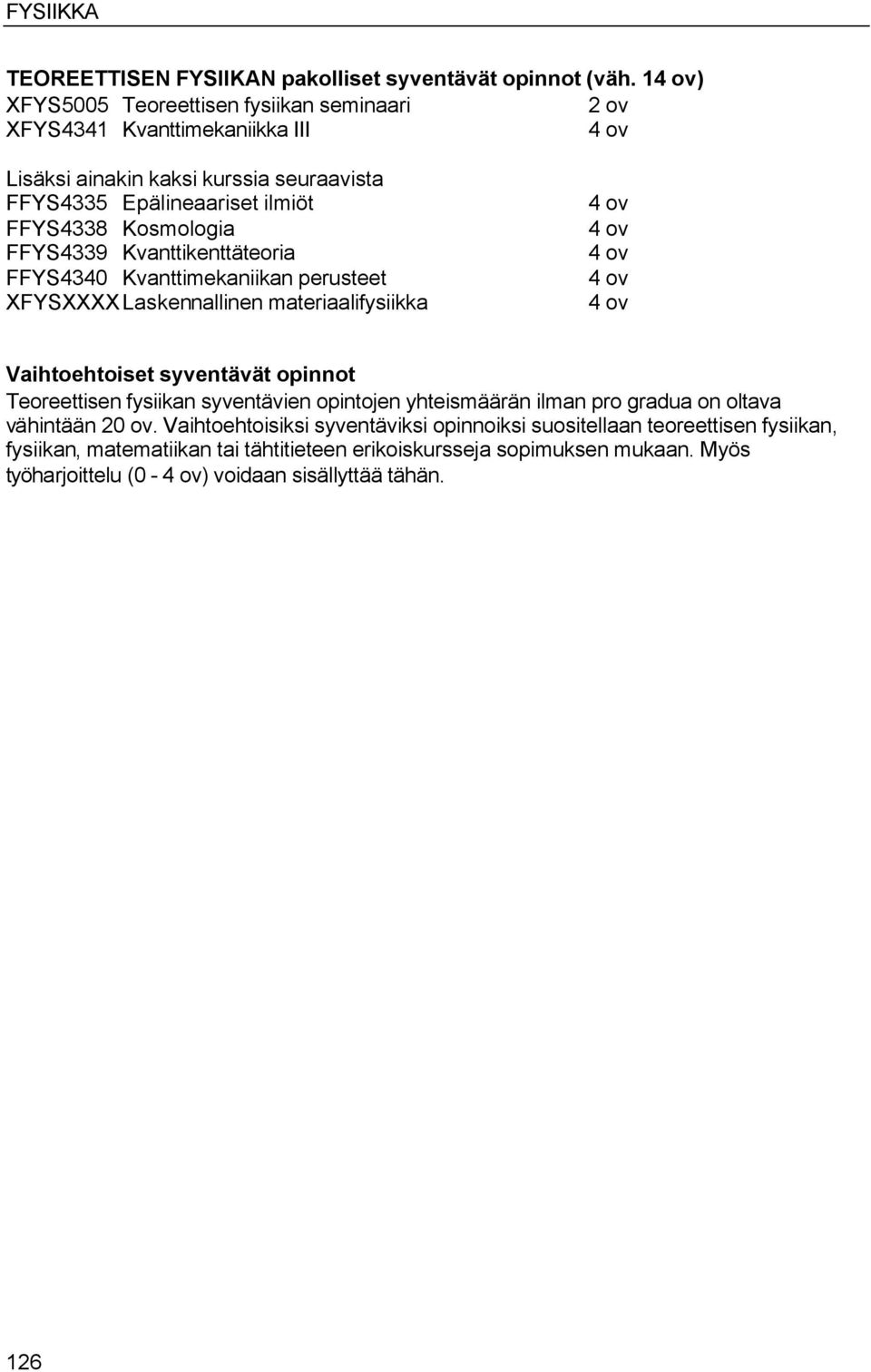 FFYS4339 Kvanttikenttäteoria FFYS4340 Kvanttimekaniikan perusteet XFYSXXXX Laskennallinen materiaalifysiikka Vaihtoehtoiset syventävät opinnot Teoreettisen fysiikan