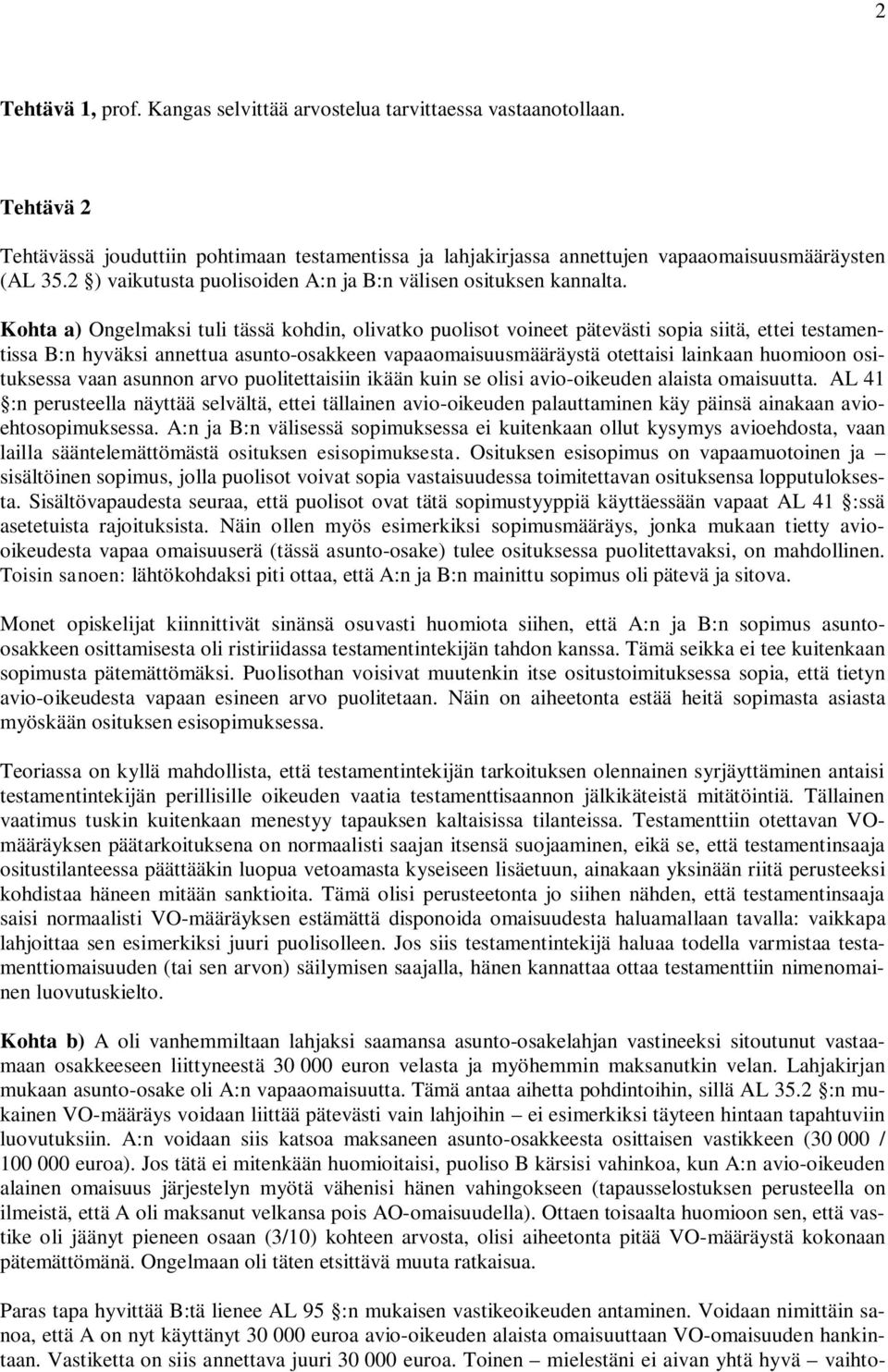 Kohta a) Ongelmaksi tuli tässä kohdin, olivatko puolisot voineet pätevästi sopia siitä, ettei testamentissa B:n hyväksi annettua asunto-osakkeen vapaaomaisuusmääräystä otettaisi lainkaan huomioon