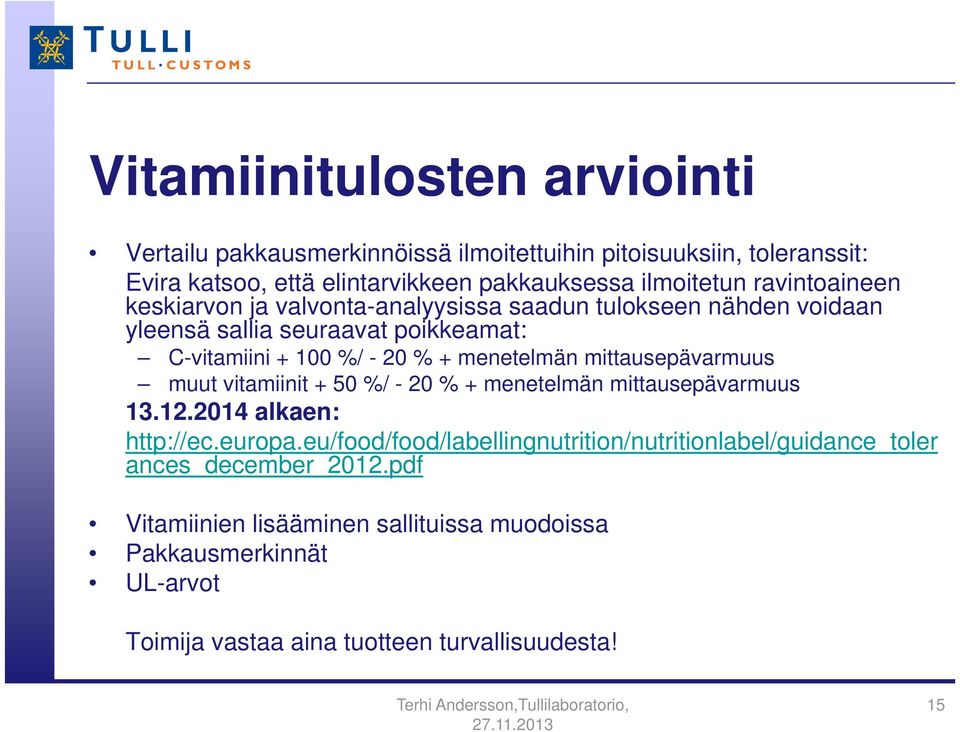 mittausepävarmuus muut vitamiinit + 50 %/ - 20 % + menetelmän mittausepävarmuus 13.12.2014 alkaen: http://ec.europa.