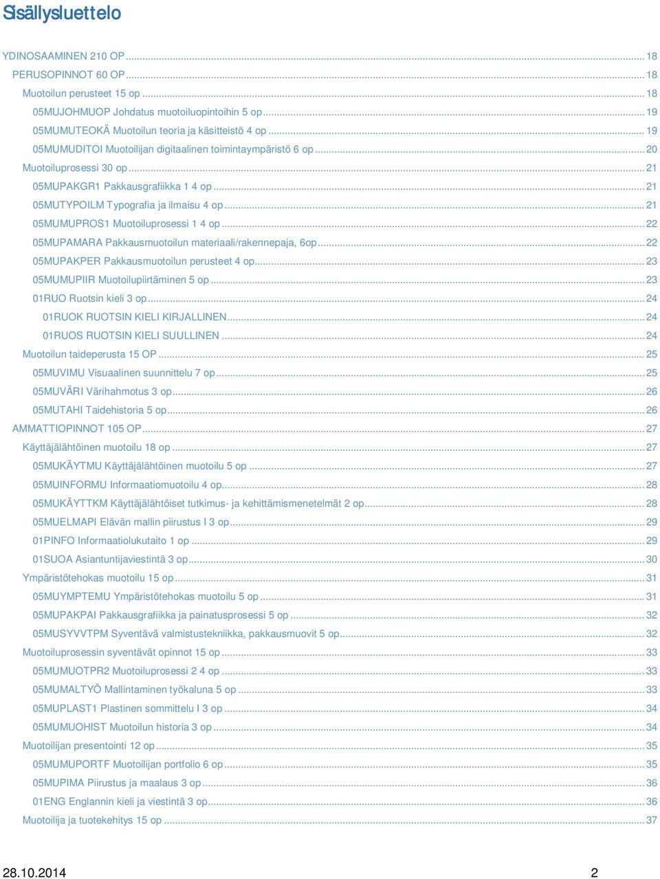 .. 21 05MUMUPROS1 Muotoiluprosessi 1 4 op... 22 05MUPAMARA Pakkausmuotoilun materiaali/rakennepaja, 6op... 22 05MUPAKPER Pakkausmuotoilun perusteet 4 op... 23 05MUMUPIIR Muotoilupiirtäminen 5 op.