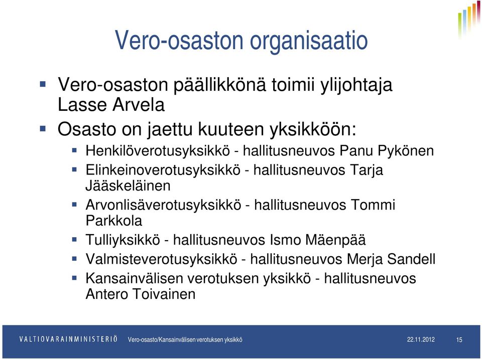 Arvonlisäverotusyksikkö - hallitusneuvos Tommi Parkkola Tulliyksikkö - hallitusneuvos Ismo Mäenpää Valmisteverotusyksikkö -