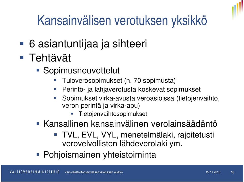 perintä ja virka-apu) Tietojenvaihtosopimukset Kansallinen kansainvälinen verolainsäädäntö TVL, EVL, VYL, menetelmälaki,