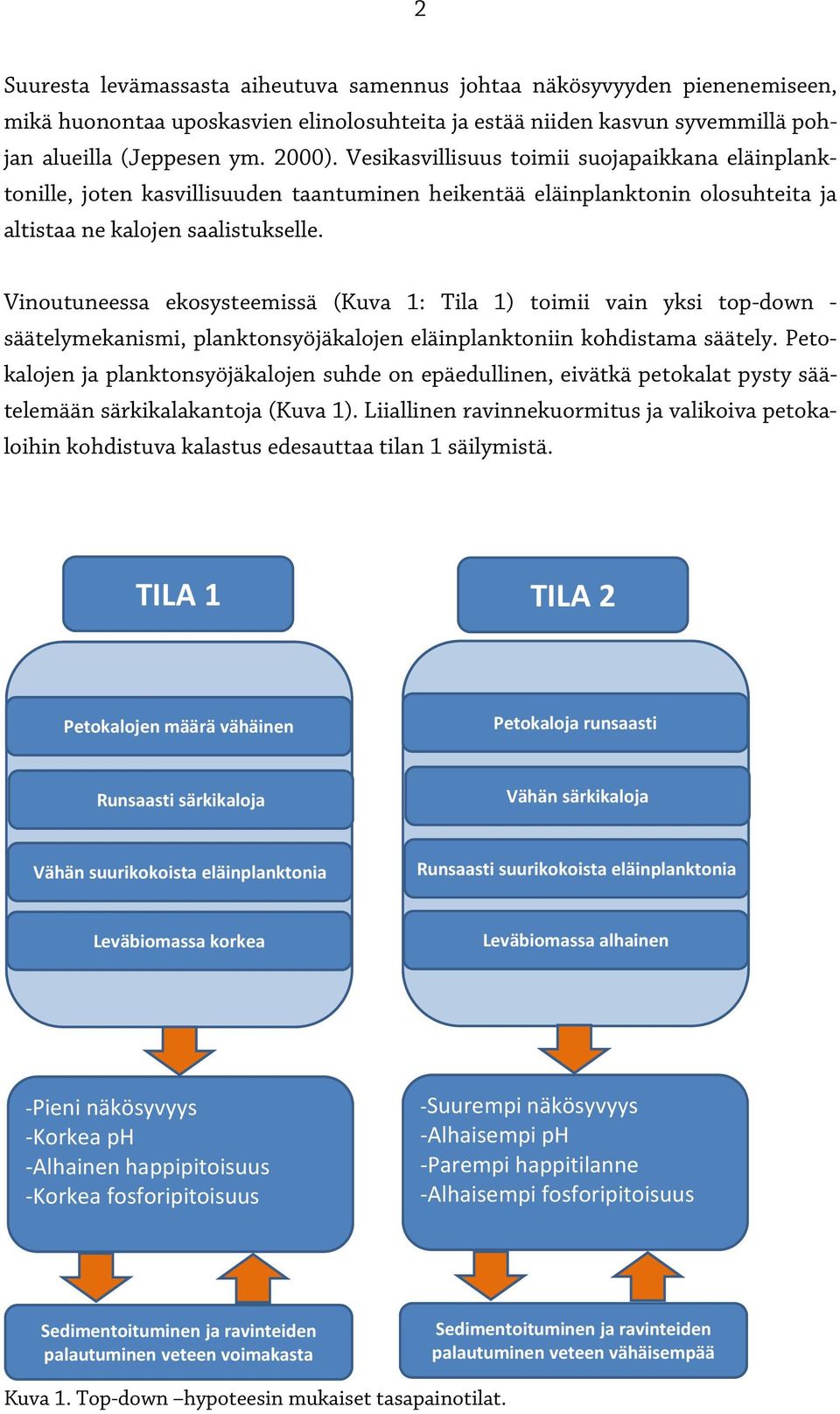 Vinoutuneessa ekosysteemissä (Kuva 1: Tila 1) toimii vain yksi top-down - säätelymekanismi, planktonsyöjäkalojen eläinplanktoniin kohdistama säätely.