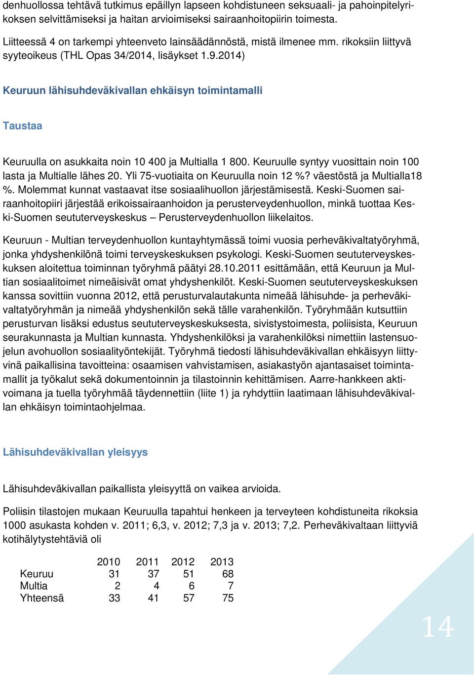 2014) Keuruun lähisuhdeväkivallan ehkäisyn toimintamalli Taustaa Keuruulla on asukkaita noin 10 400 ja Multialla 1 800. Keuruulle syntyy vuosittain noin 100 lasta ja Multialle lähes 20.