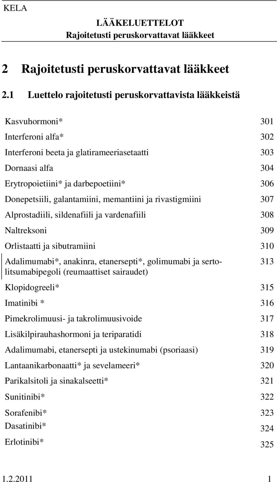 Donepetsiili, galantamiini, memantiini ja rivastigmiini 307 Alprostadiili, sildenafiili ja vardenafiili 308 Naltreksoni 309 Orlistaatti ja sibutramiini 310 Adalimumabi*, anakinra, etanersepti*,