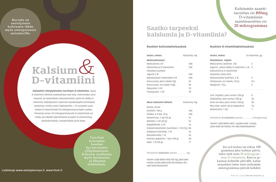 Kalsium D-vitamiini Kalsiumin imeytymiseen tarvitaan D-vitamiinia. Hyviä Lisätietoja www.maitojaterveys.fi, www.fineli.