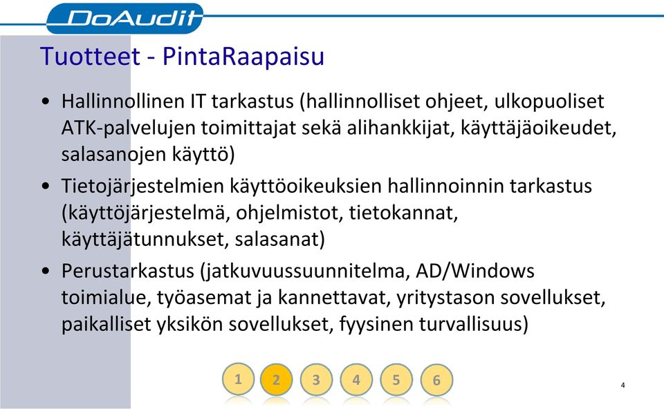 (käyttöjärjestelmä, ohjelmistot, tietokannat, käyttäjätunnukset, salasanat) Perustarkastus (jatkuvuussuunnitelma,