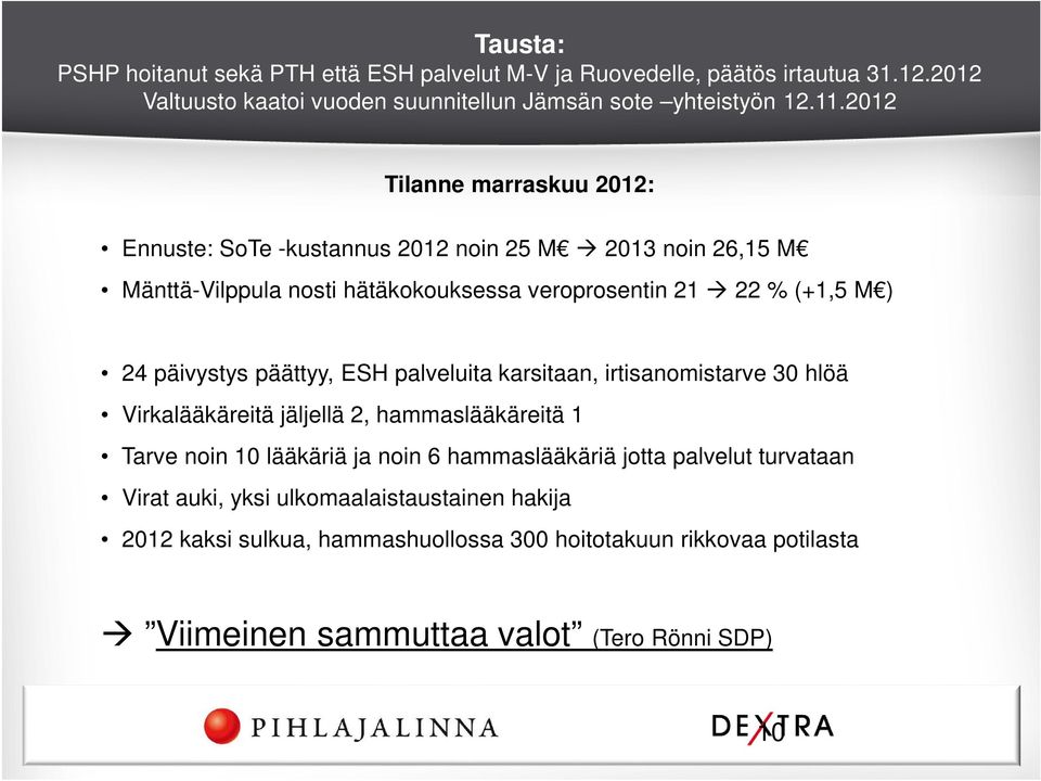 päivystys päättyy, ESH palveluita karsitaan, irtisanomistarve 30 hlöä Virkalääkäreitä jäljellä 2, hammaslääkäreitä 1 Tarve noin 10 lääkäriä ja noin 6 hammaslääkäriä