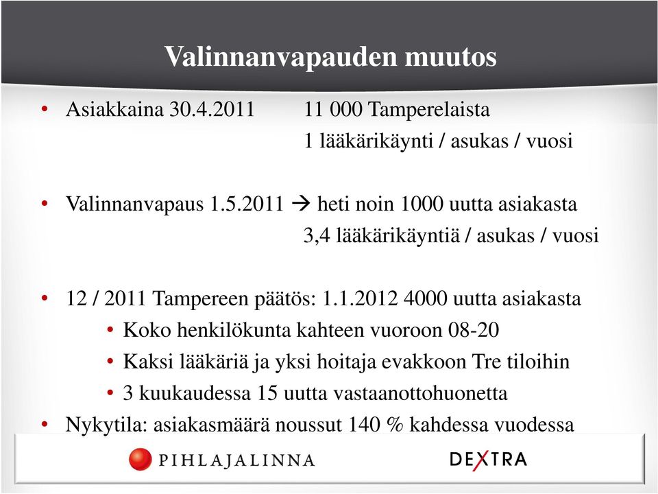 2011 heti noin 1000 uutta asiakasta 3,4 lääkärikäyntiä / asukas / vuosi 12 / 2011 Tampereen päätös: 1.1.2012