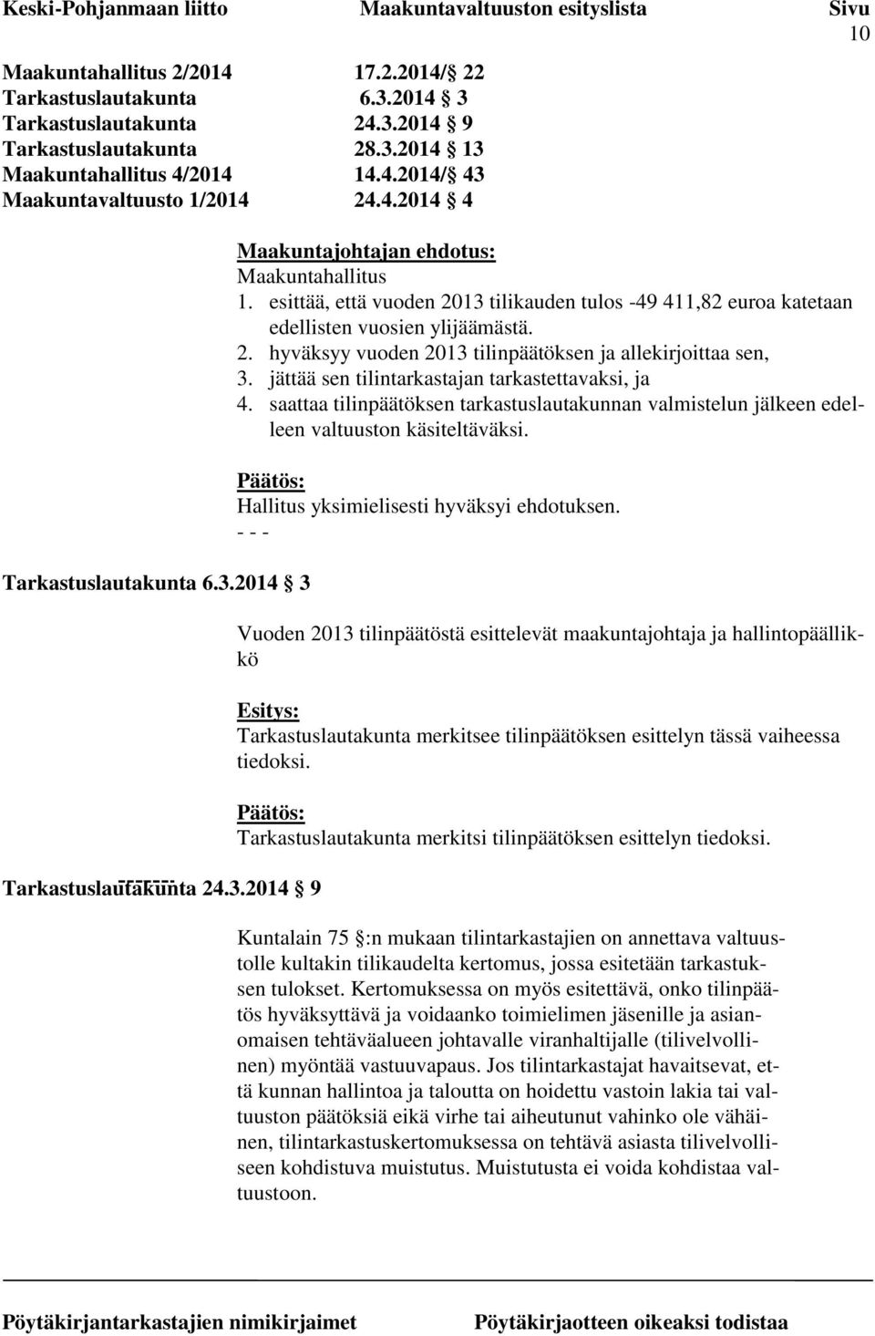 esittää, että vuoden 2013 tilikauden tulos -49 411,82 euroa katetaan edellisten vuosien ylijäämästä. 2. hyväksyy vuoden 2013 tilinpäätöksen ja allekirjoittaa sen, 3.