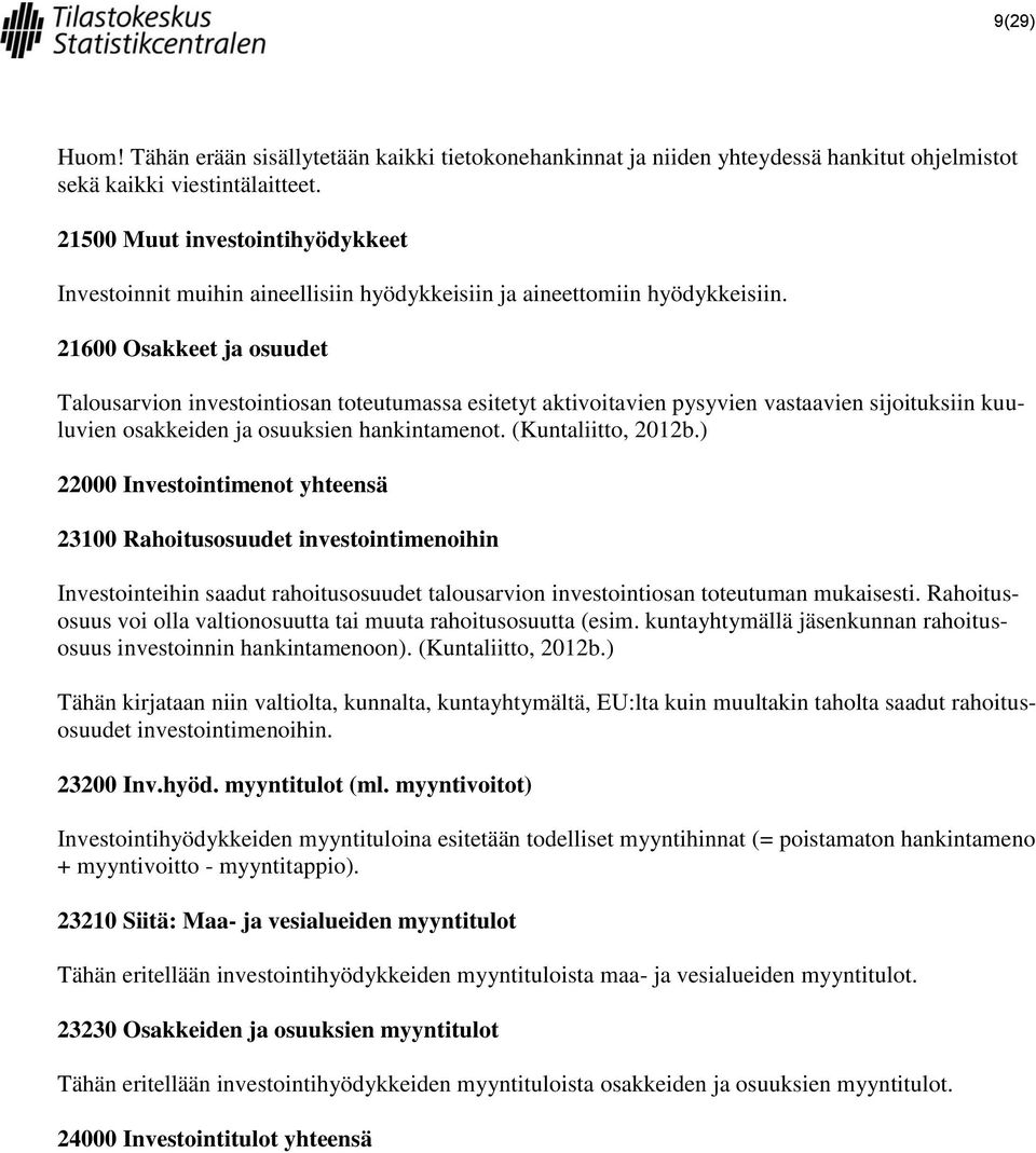 21600 Osakkeet ja osuudet Talousarvion investointiosan toteutumassa esitetyt aktivoitavien pysyvien vastaavien sijoituksiin kuuluvien osakkeiden ja osuuksien hankintamenot. (Kuntaliitto, 2012b.