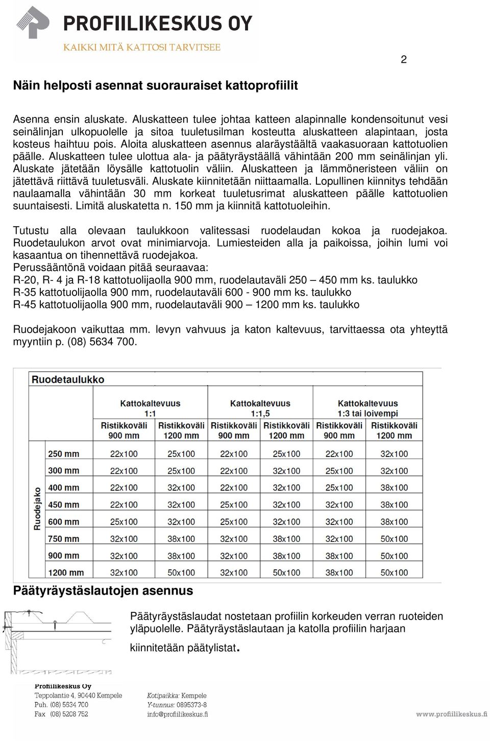 Aloita aluskatteen asennus alaräystäältä vaakasuoraan kattotuolien päälle. Aluskatteen tulee ulottua ala- ja päätyräystäällä vähintään 200 mm seinälinjan yli.