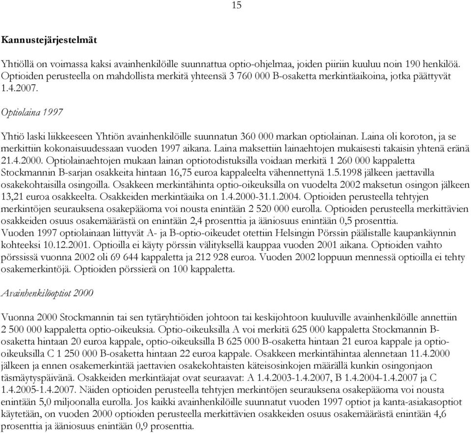 Optiolaina 1997 Yhtiö laski liikkeeseen Yhtiön avainhenkilöille suunnatun 360 000 markan optiolainan. Laina oli koroton, ja se merkittiin kokonaisuudessaan vuoden 1997 aikana.