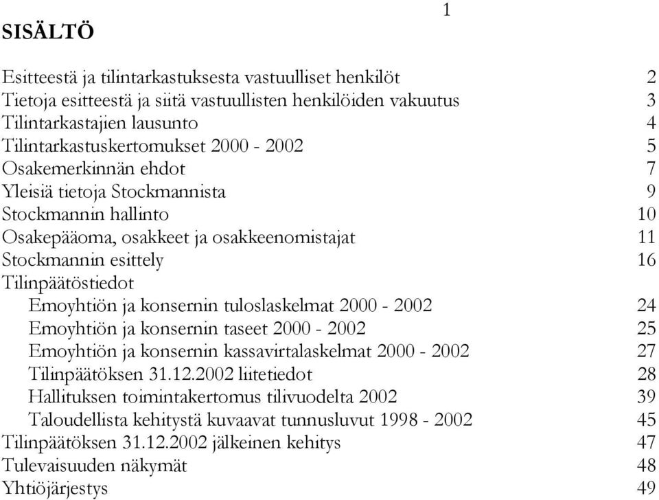 ja konsernin tuloslaskelmat 2000-2002 24 Emoyhtiön ja konsernin taseet 2000-2002 25 Emoyhtiön ja konsernin kassavirtalaskelmat 2000-2002 27 Tilinpäätöksen 31.12.