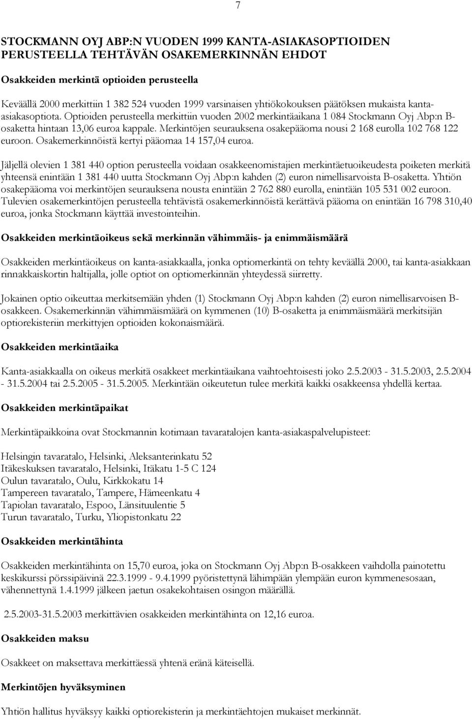 Merkintöjen seurauksena osakepääoma nousi 2 168 eurolla 102 768 122 euroon. Osakemerkinnöistä kertyi pääomaa 14 157,04 euroa.