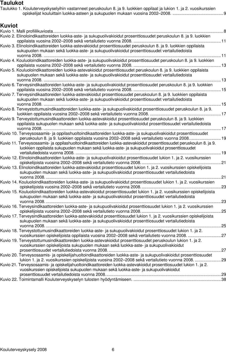 Elinoloindikaattoreiden luokka-aste- ja sukupuolivakioidut prosenttiosuudet peruskoulun 8. ja 9. luokkien oppilaista vuosina 2002 2008 sekä vertailutieto vuonna 2008.... 11 Kuvio 3.