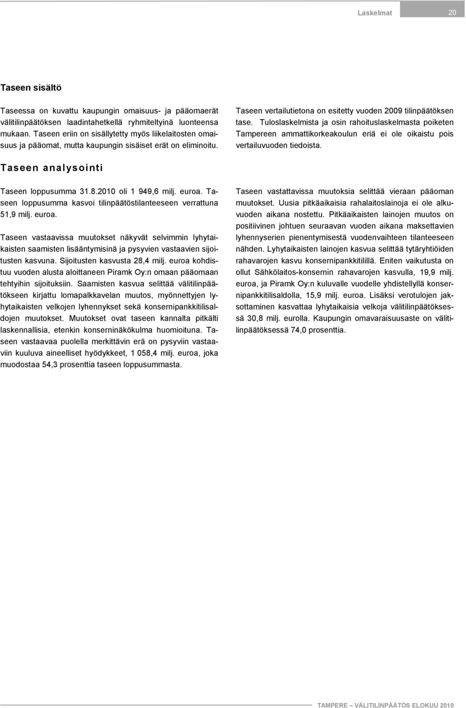 Tuloslaskelmista ja osin rahoituslaskelmasta poiketen Tampereen ammattikorkeakoulun eriä ei ole oikaistu pois vertailuvuoden tiedoista. Taseen analysointi Taseen loppusumma 31.8.2010 oli 1 949,6 milj.