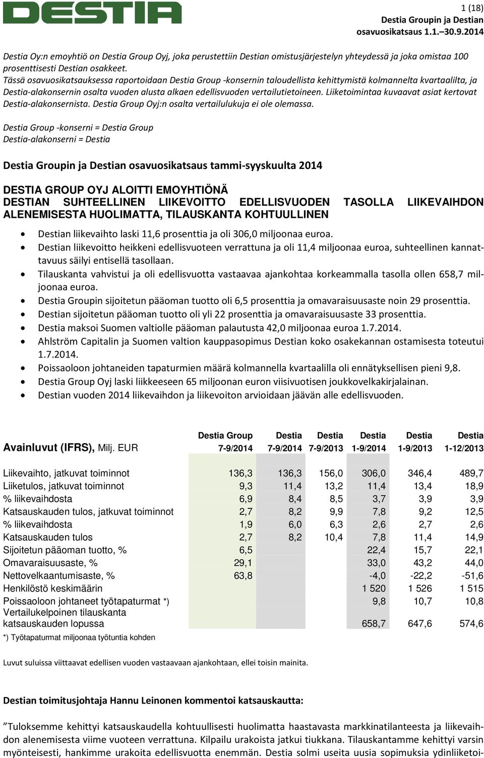 vertailutietoineen. Liiketoimintaa kuvaavat asiat kertovat Destia-alakonsernista. Destia Group Oyj:n osalta vertailulukuja ei ole olemassa.