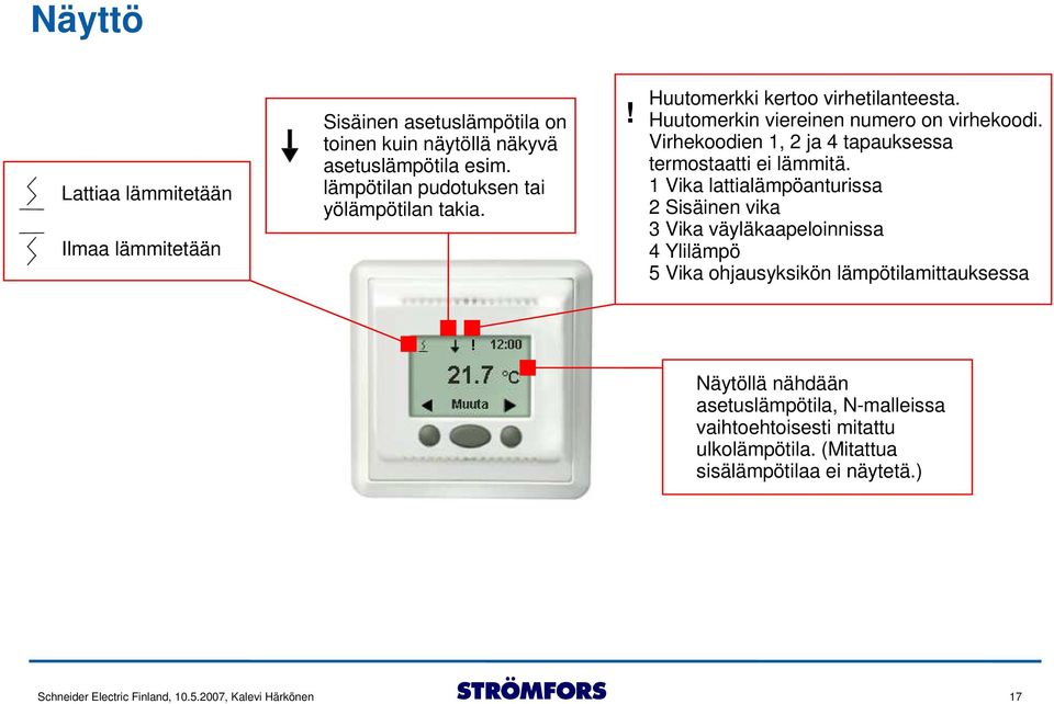 Virhekoodien 1, 2 ja 4 tapauksessa termostaatti ei lämmitä.