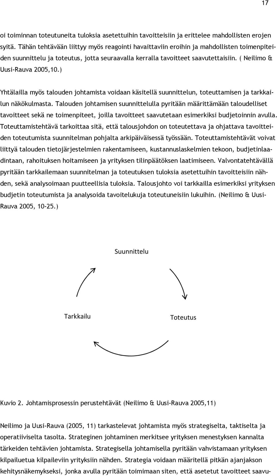 ( Neilimo & Uusi-Rauva 2005,10.) Yhtälailla myös talouden johtamista voidaan käsitellä suunnittelun, toteuttamisen ja tarkkailun näkökulmasta.