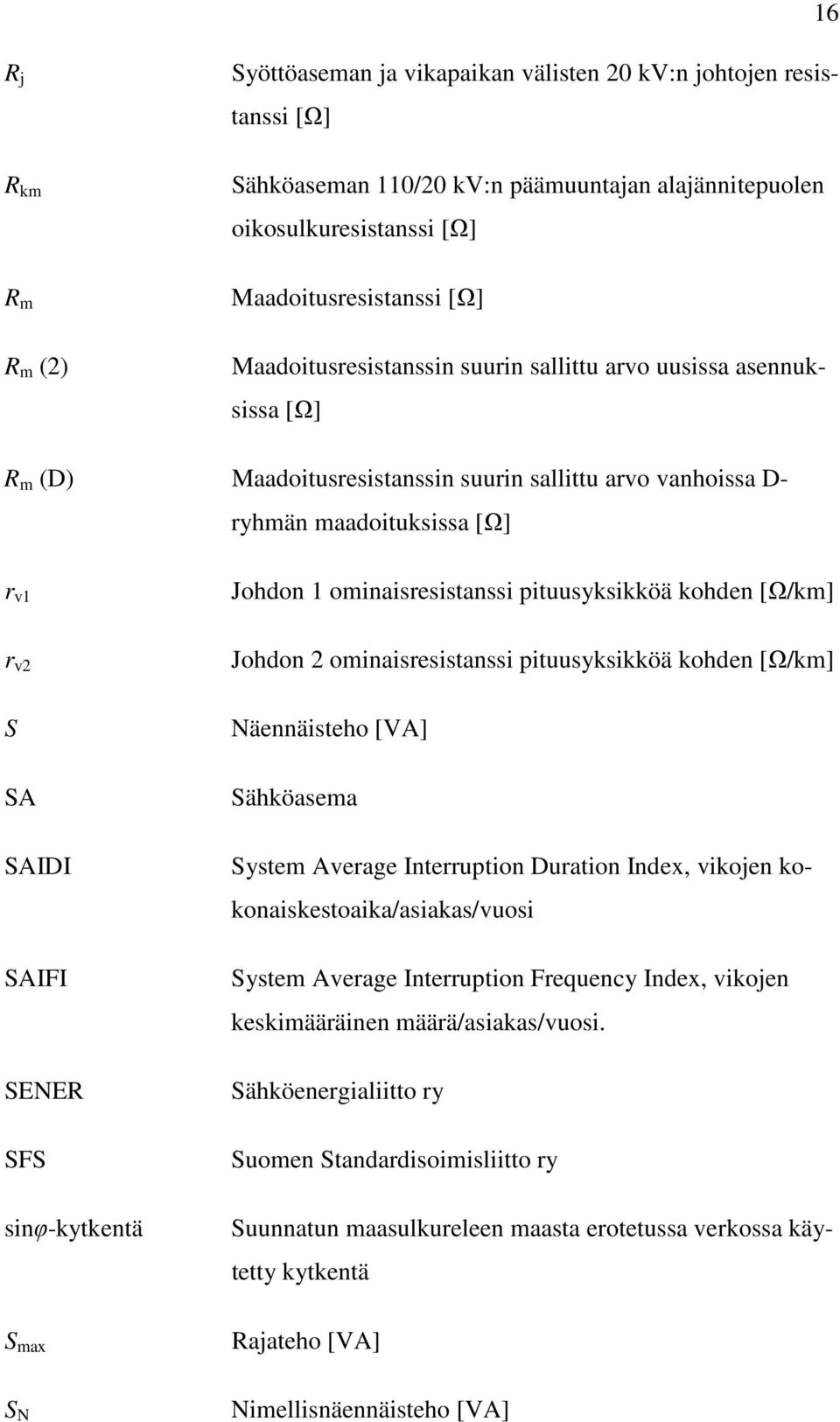 pituusyksikköä kohden [Ω/km] r v2 Johdon 2 ominaisresistanssi pituusyksikköä kohden [Ω/km] S SA SAIDI SAIFI SENER SFS sinφ-kytkentä Näennäisteho [VA] Sähköasema System Average Interruption Duration