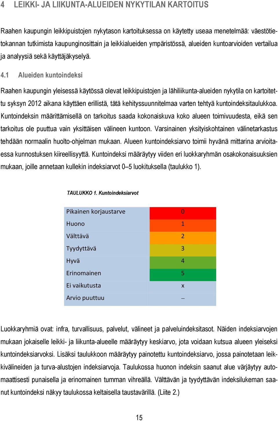 1 Alueiden kuntoindeksi Raahen kaupungin yleisessä käytössä olevat leikkipuistojen ja lähiliikunta-alueiden nykytila on kartoitettu syksyn 2012 aikana käyttäen erillistä, tätä kehityssuunnitelmaa