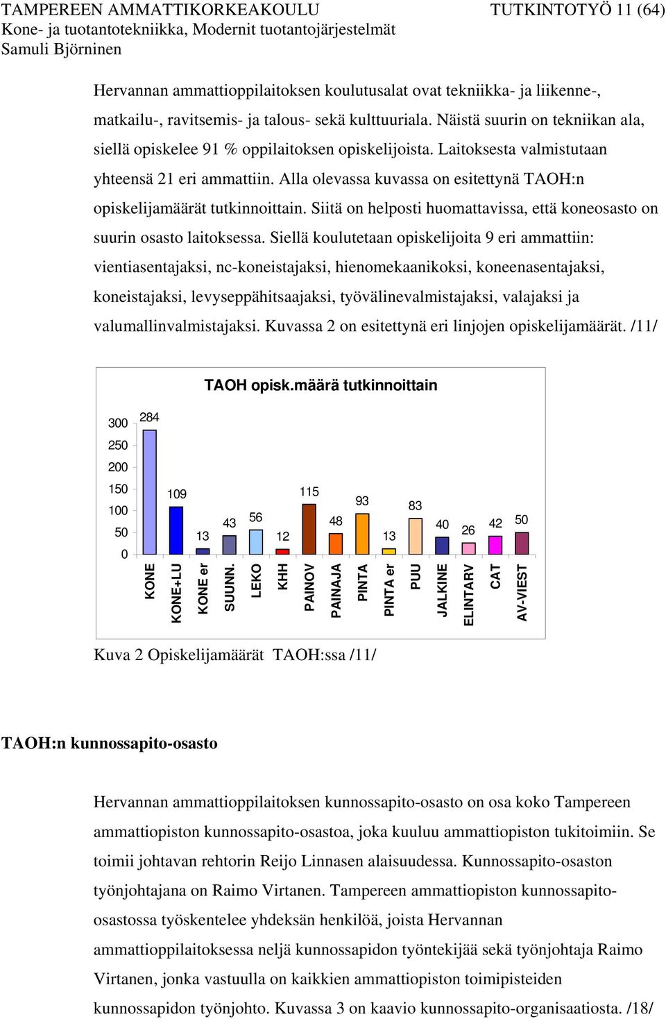 Alla olevassa kuvassa on esitettynä TAOH:n opiskelijamäärät tutkinnoittain. Siitä on helposti huomattavissa, että koneosasto on suurin osasto laitoksessa.