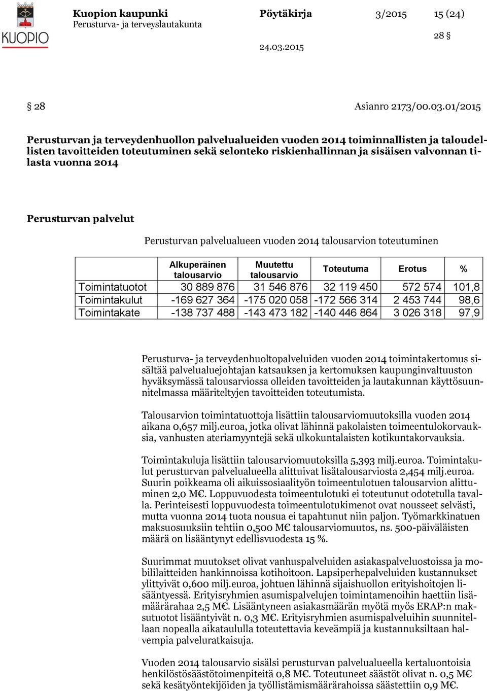 2014 Perusturvan palvelut Perusturvan palvelualueen vuoden 2014 talousarvion toteutuminen Alkuperäinen talousarvio Muutettu talousarvio Toteutuma Erotus % Toimintatuotot 30 889 876 31 546 876 32 119