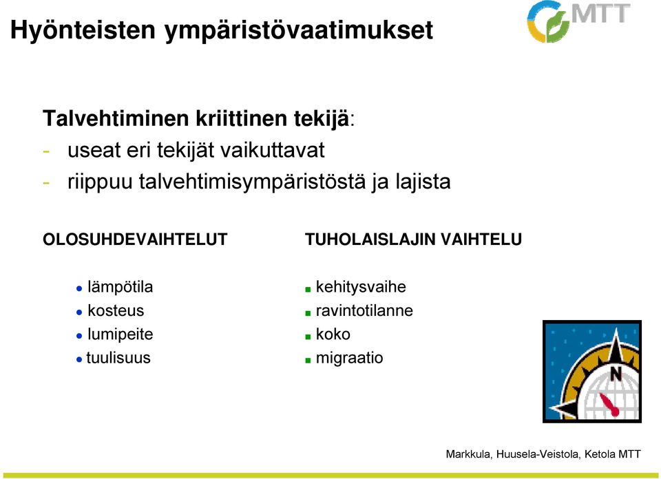 ja lajista OLOSUHDEVAIHTELUT TUHOLAISLAJIN VAIHTELU lämpötila