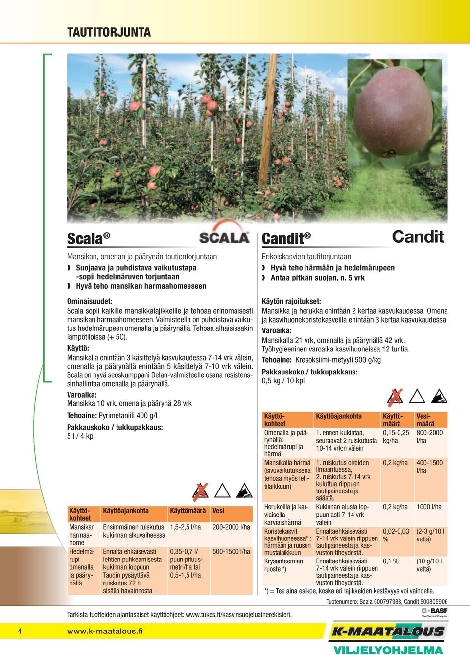 Käyttö: Mansikalla enintään 3 käsittelyä kasvukaudessa 7-14 vrk välein, omenalla ja päärynällä enintään 5 käsittelyä 7-10 vrk välein.