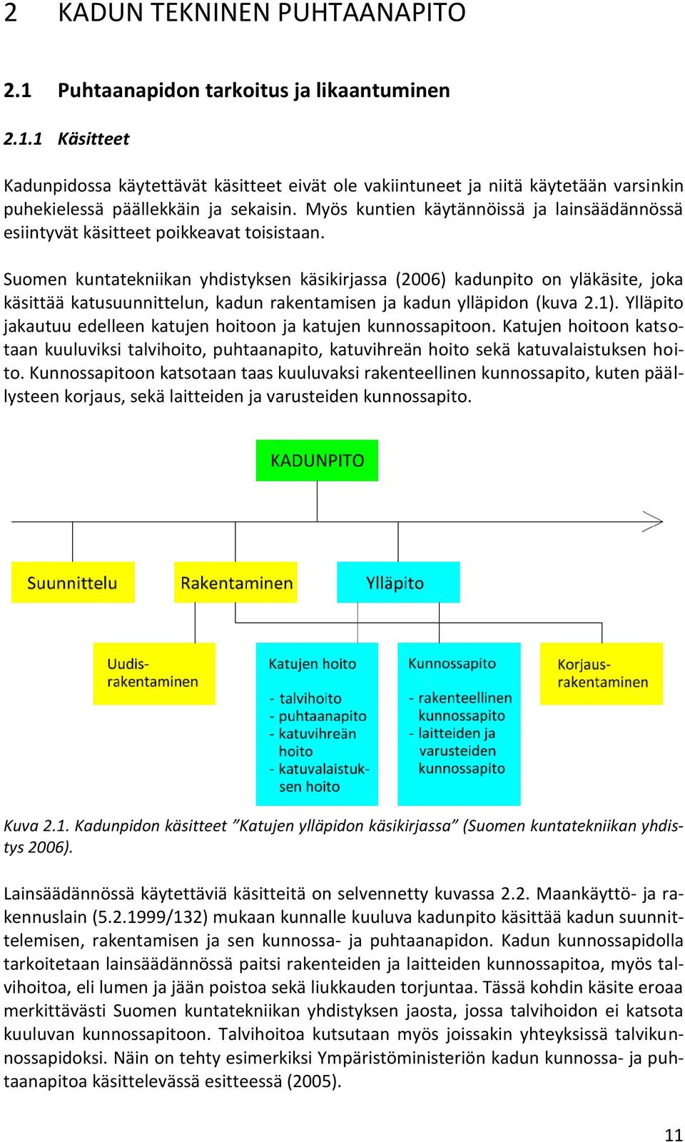 Suomen kuntatekniikan yhdistyksen käsikirjassa (2006) kadunpito on yläkäsite, joka käsittää katusuunnittelun, kadun rakentamisen ja kadun ylläpidon (kuva 2.1).